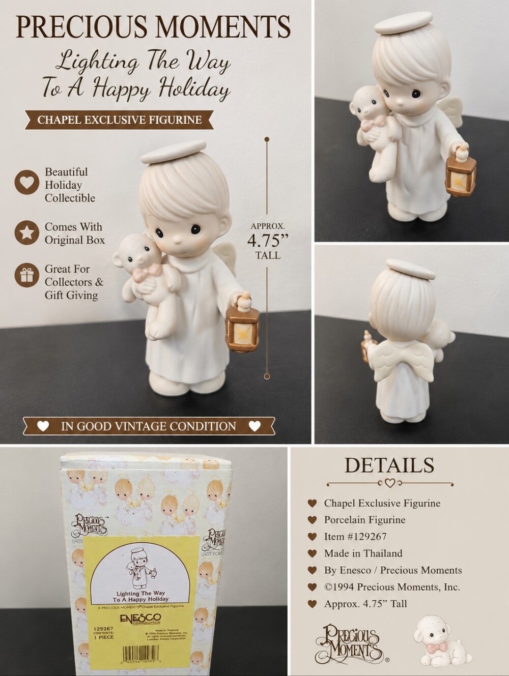 Precious Moments Christmas Angel with Gold Lantern and Lamb